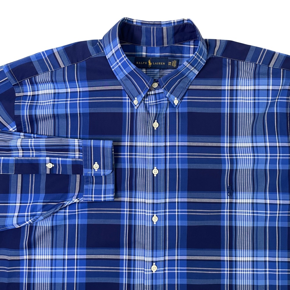 Ralph Lauren Button Down Shirt Mens 2XB Big & Tall Blue Plaid Cotton Long Sleeve